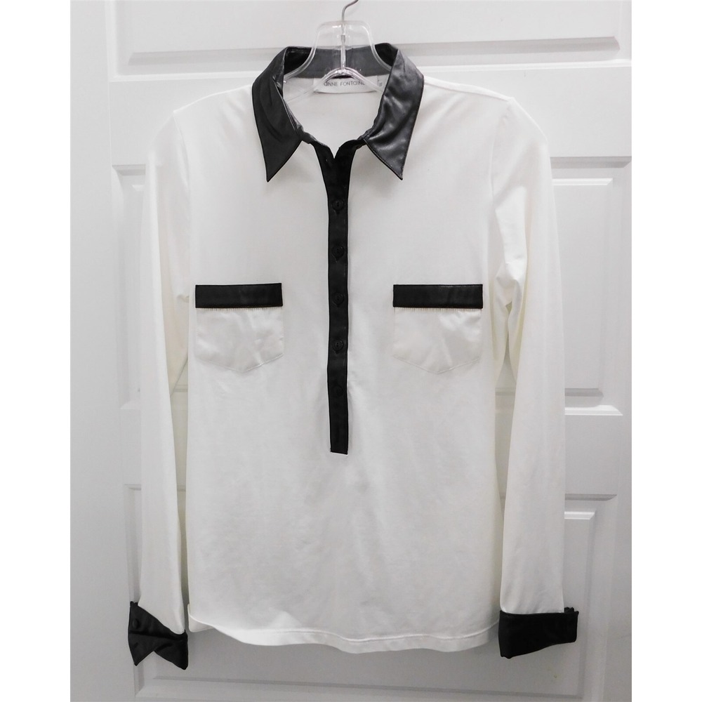 Anne Fontaine Leopold White Cotton Button Down Black Accents‎ Blouse sz 38